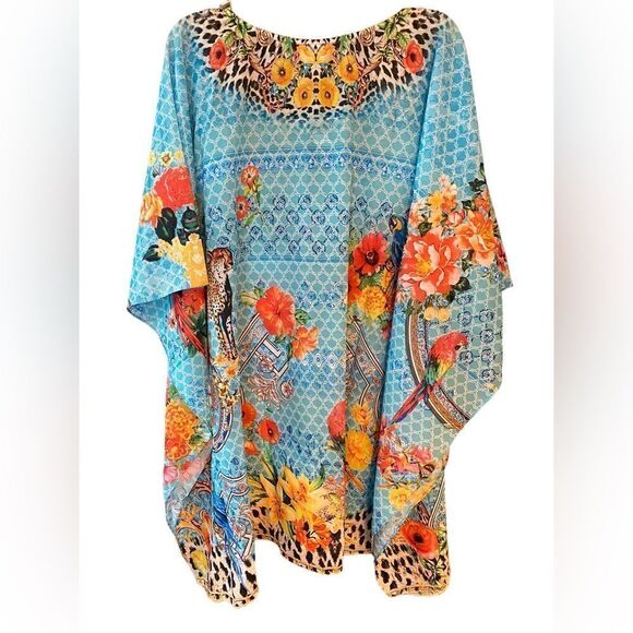 Ranee’s NWT M Blue Resortwear Beach Flowy Beaded Léopard Parrot Print Swim Cover - Picture 3 of 8